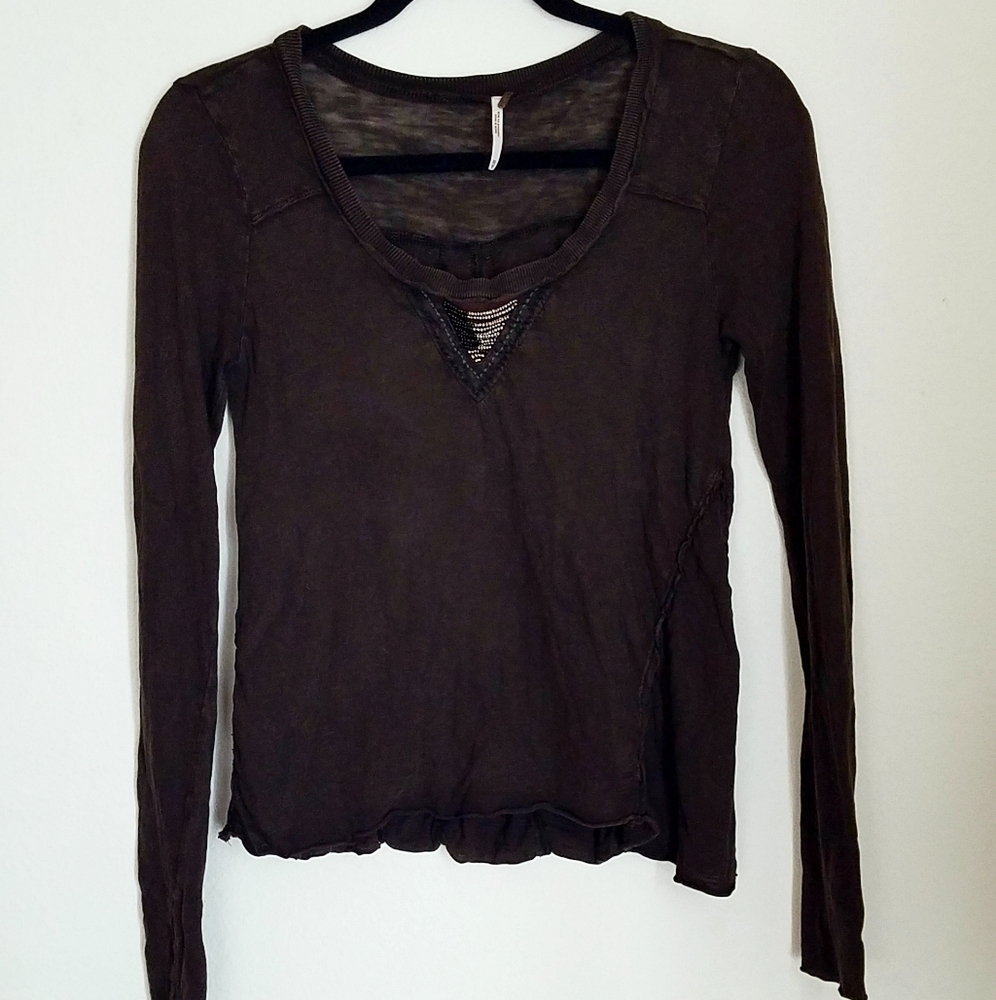 Free People Brown Long Sleeve Beaded Top